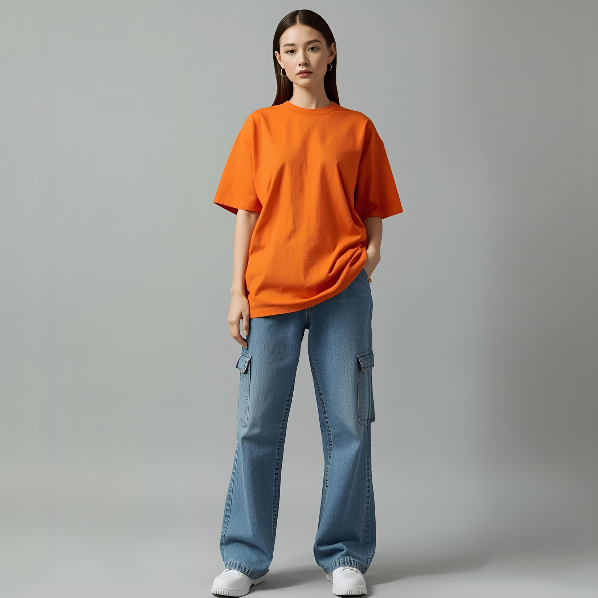 CLEMENTO | Women's Orange Oversized Relaxed-Fit Modern T-Shirt