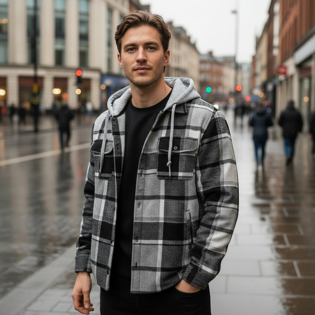 Men's Hooded Jacket | Casual Fit in Checked Cotton Blend