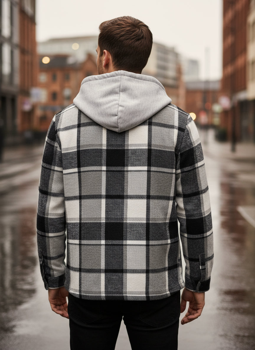 Men's Hooded Jacket | Casual Fit in Checked Cotton Blend