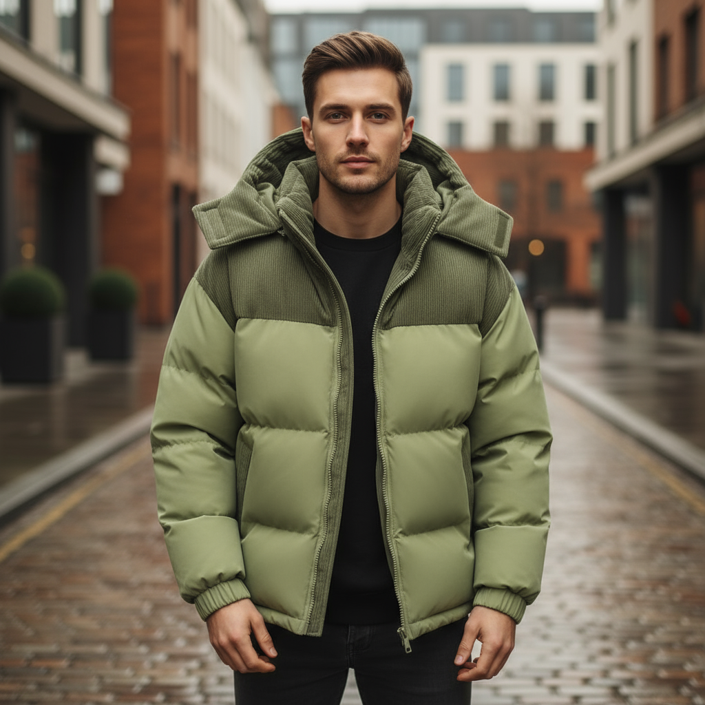 Men's Insulated Puffer Jacket with Corduroy Hood