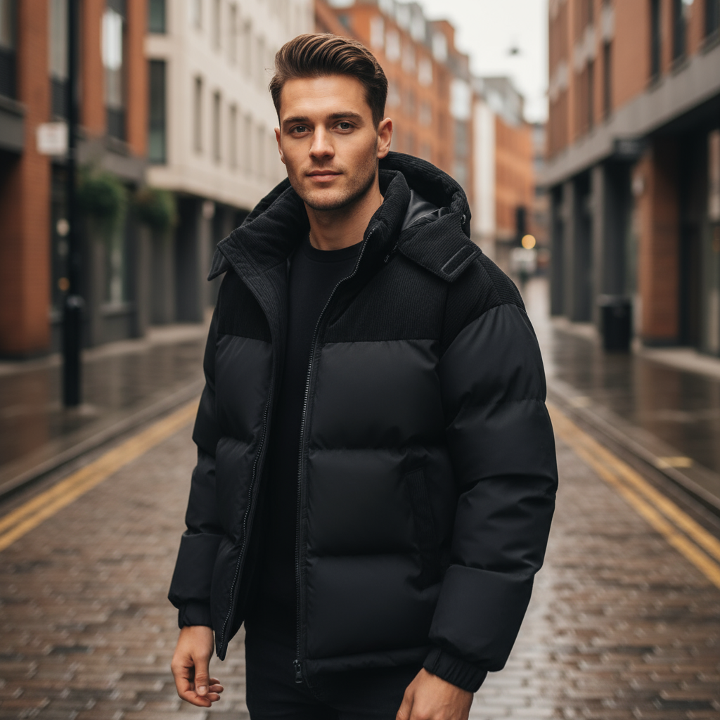 Men's Insulated Puffer Jacket with Corduroy Hood