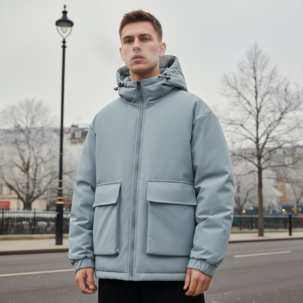Men's Hooded Puffer Jacket | Oversized Padded Design with Practical Front Pockets