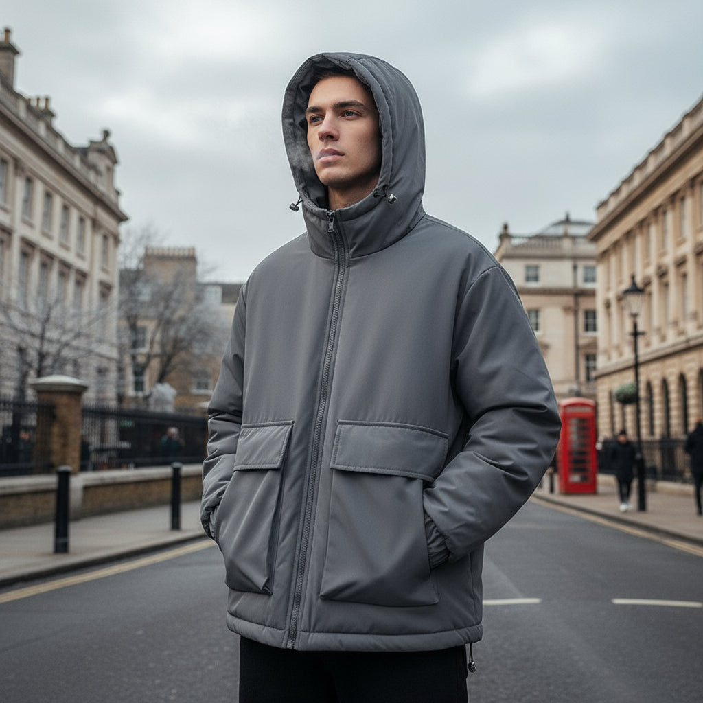 Men's Hooded Puffer Jacket | Oversized Padded Design with Practical Front Pockets