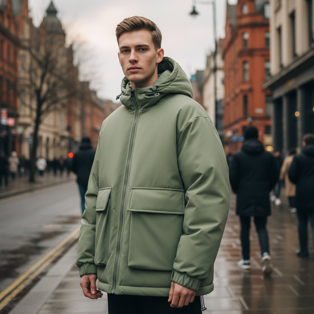 Men's Hooded Puffer Jacket | Oversized Padded Design with Practical Front Pockets