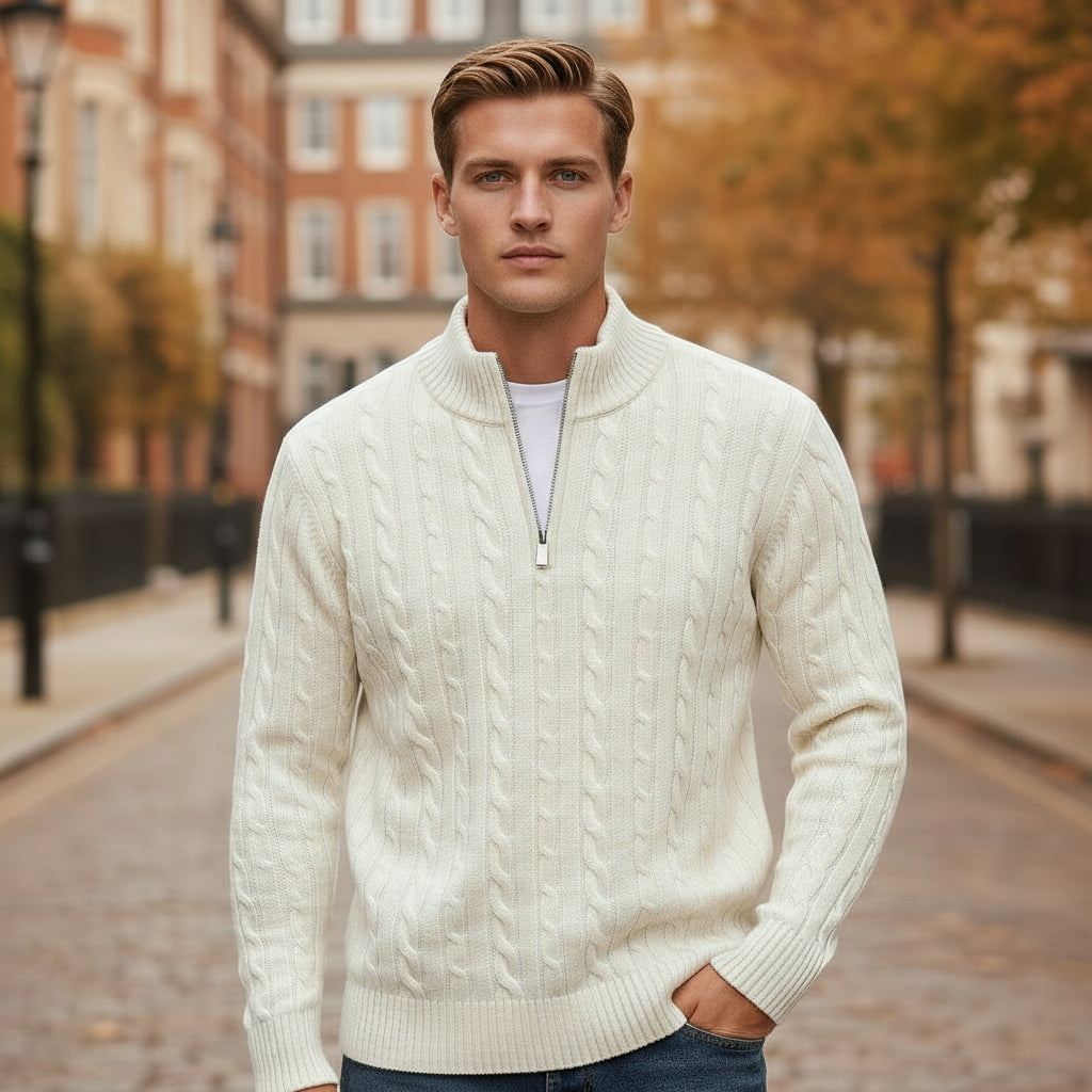 Men's Cable-Knit Sweater | Full Zip, Relaxed Fit Design