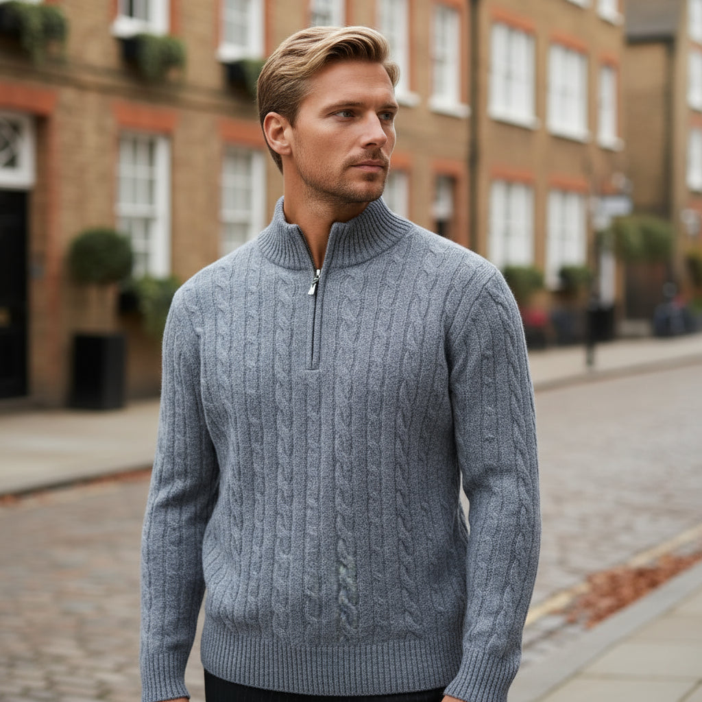 Men's Cable-Knit Sweater | Full Zip, Relaxed Fit Design