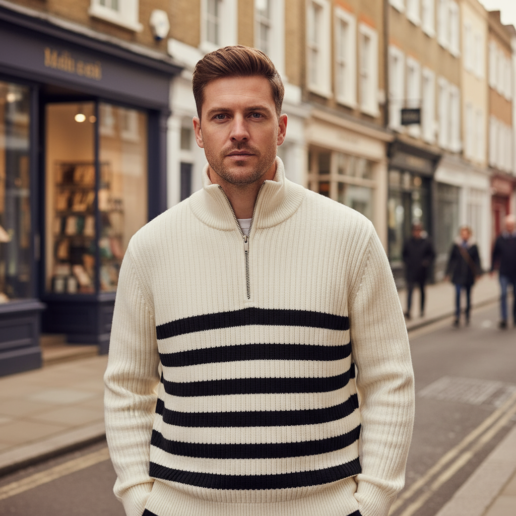 Men's Nautical Sweater | Rib Knit, Half-Zip Design