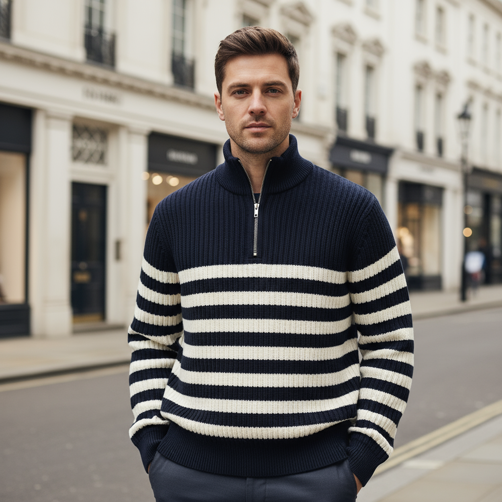 Men's Nautical Sweater | Rib Knit, Half-Zip Design