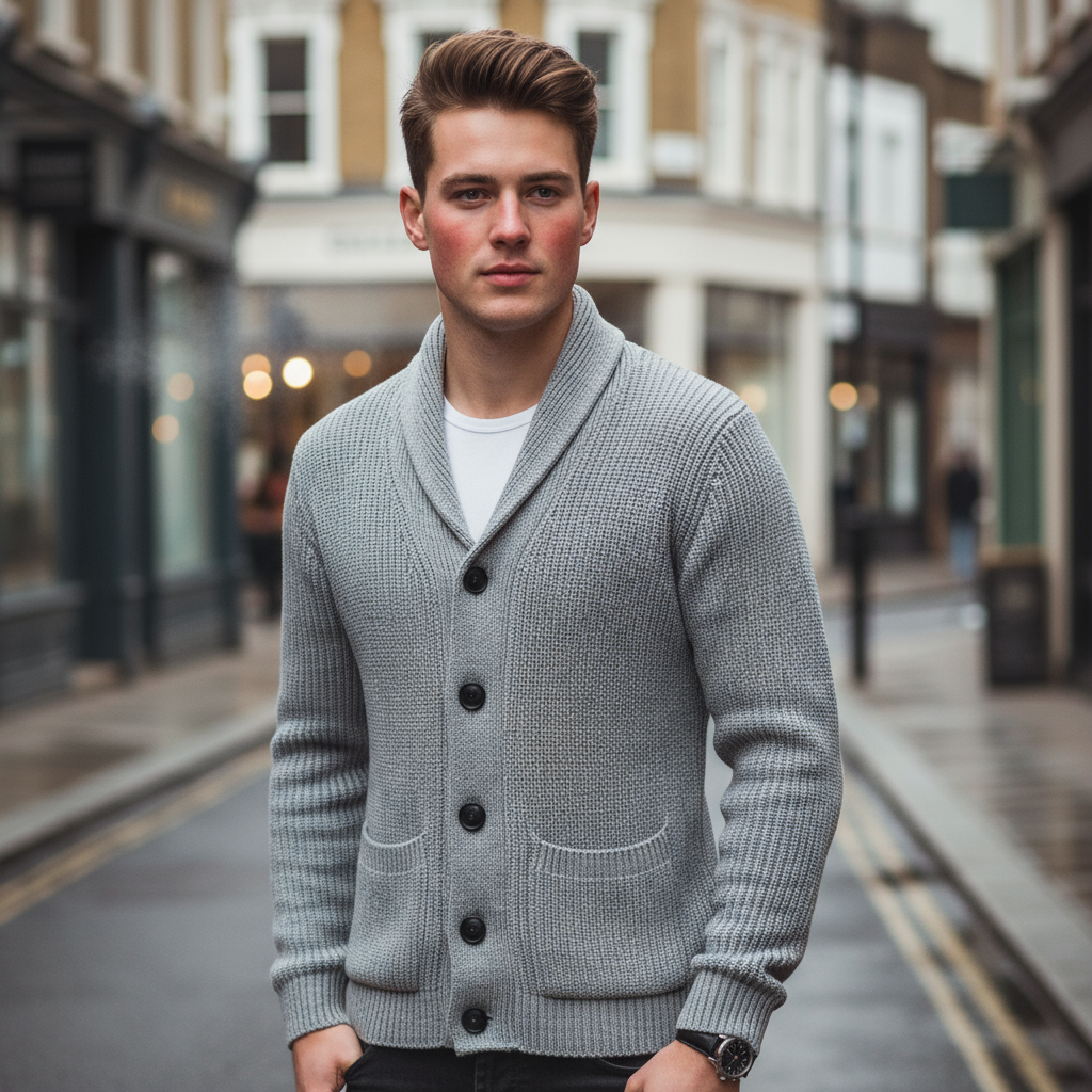 Men's Slim-Fit Cardigan | Soft Wool with Ribbed Accents