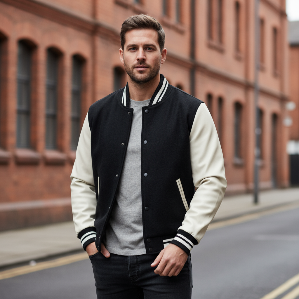 Men's Varsity Jacket | Tailored Fit with Wool Blend and Leather Sleeves