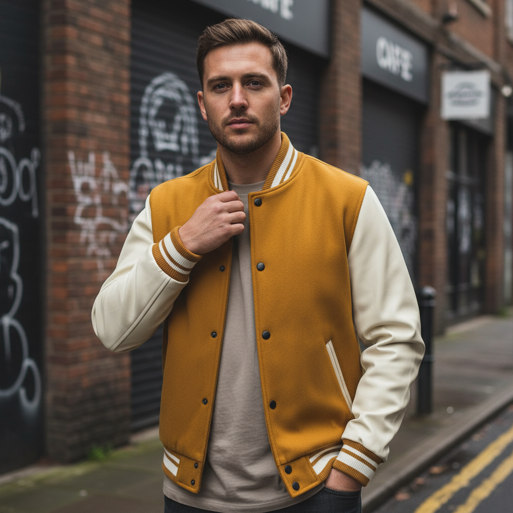 Men's Varsity Jacket | Tailored Fit with Wool Blend and Leather Sleeves