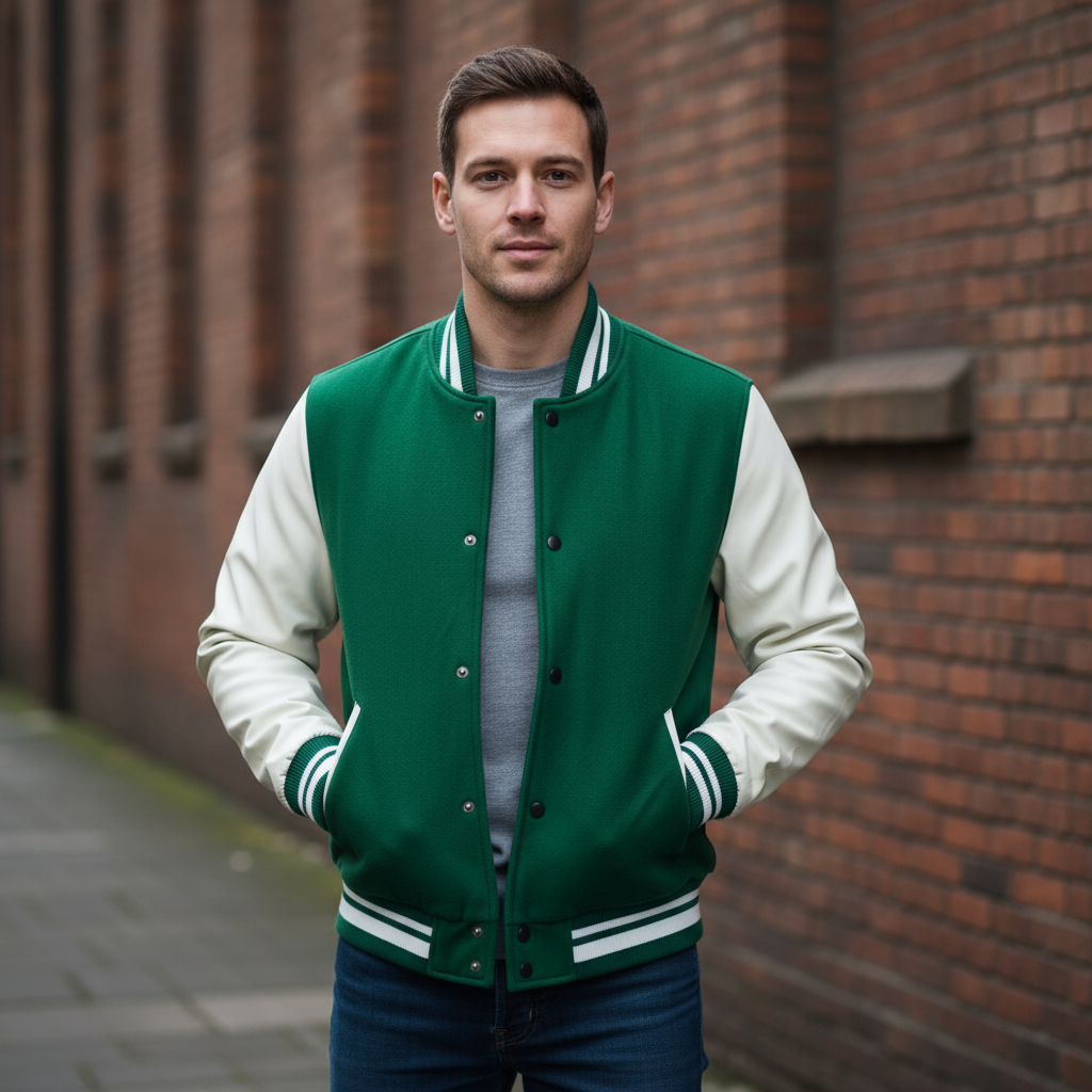 Men's Varsity Jacket | Tailored Fit with Wool Blend and Leather Sleeves