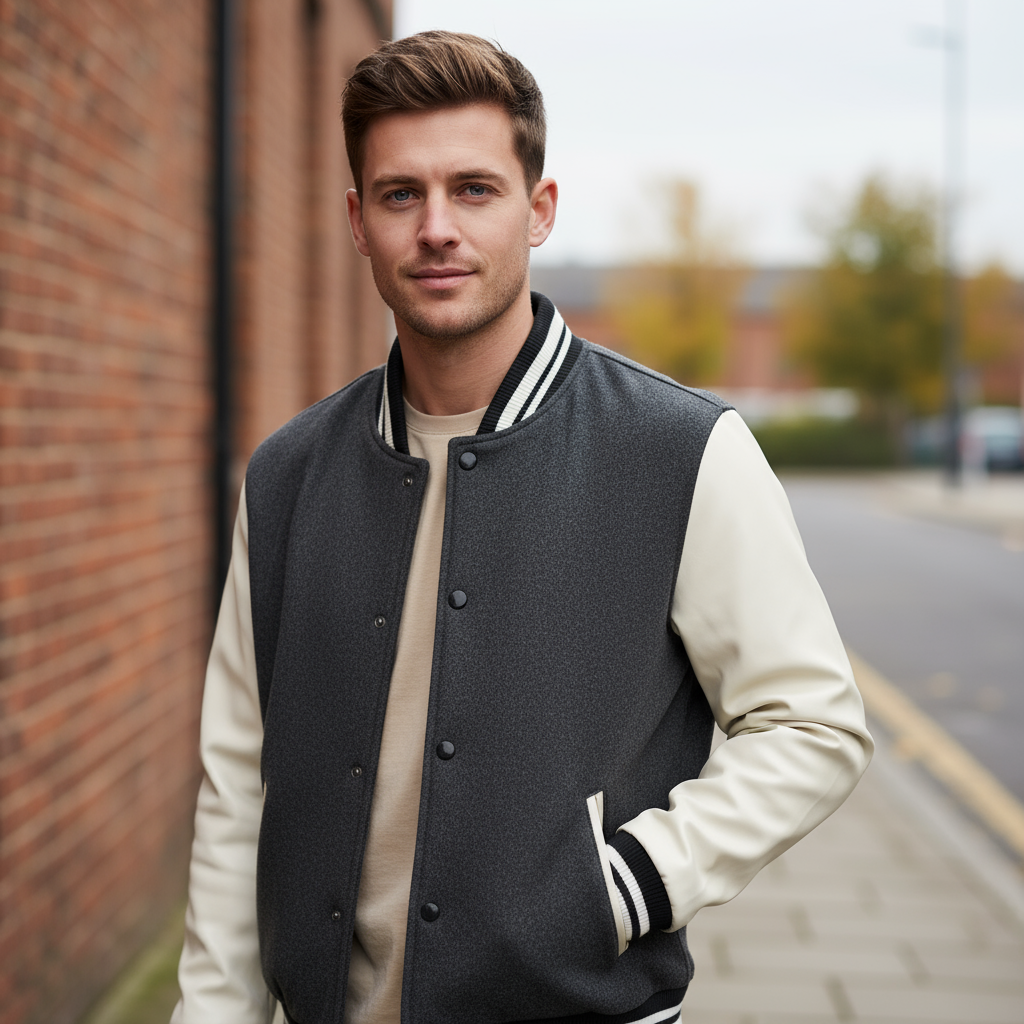 Men's Varsity Jacket | Tailored Fit with Wool Blend and Leather Sleeves