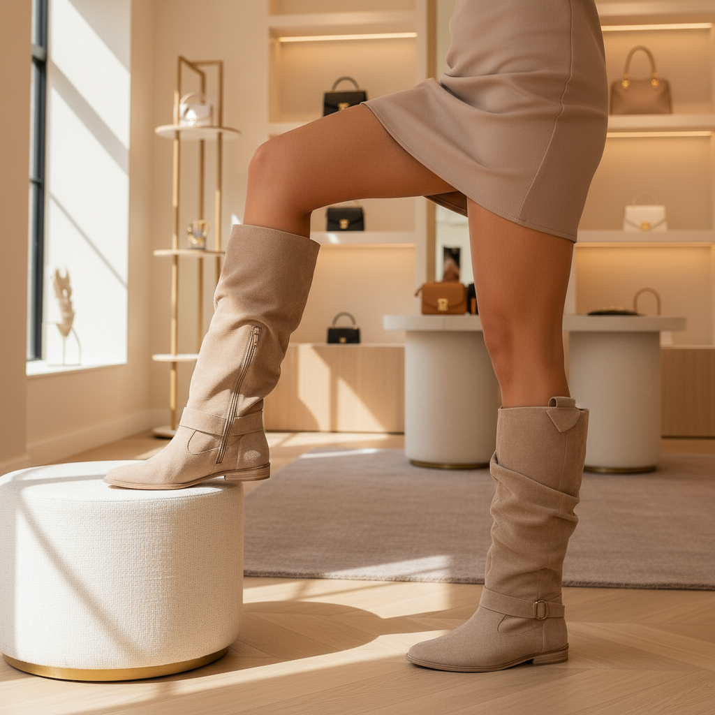 Women's Suede Slouch Knee High Boots with Low Block Heel