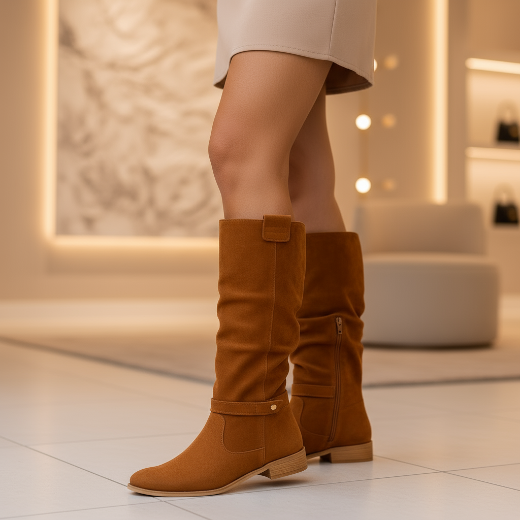 Women's Suede Slouch Knee High Boots with Low Block Heel