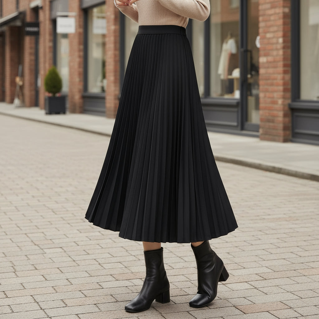 Women's Pleated A-Line Midi Skirt | Comfortable Elastic Waist