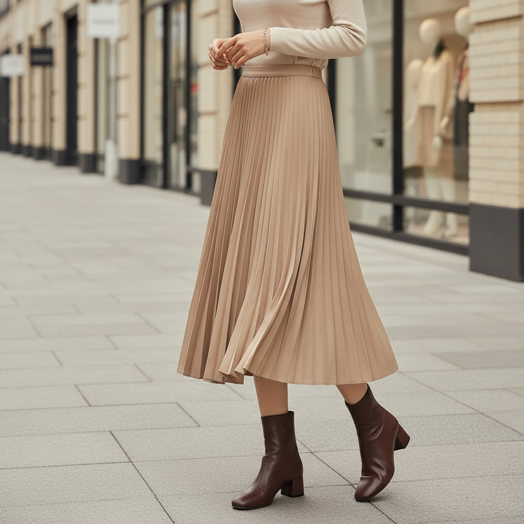 Women's Pleated A-Line Midi Skirt | Comfortable Elastic Waist