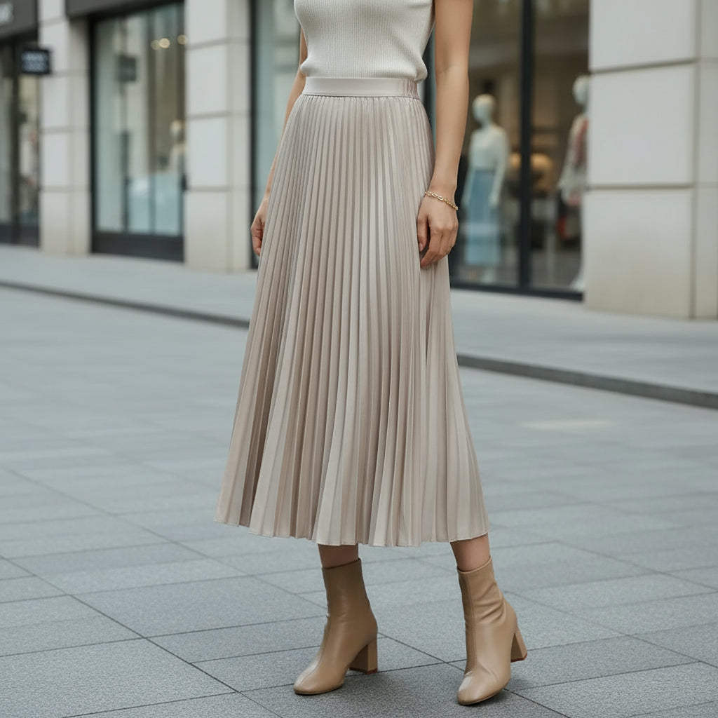 Women's Pleated A-Line Midi Skirt | Comfortable Elastic Waist