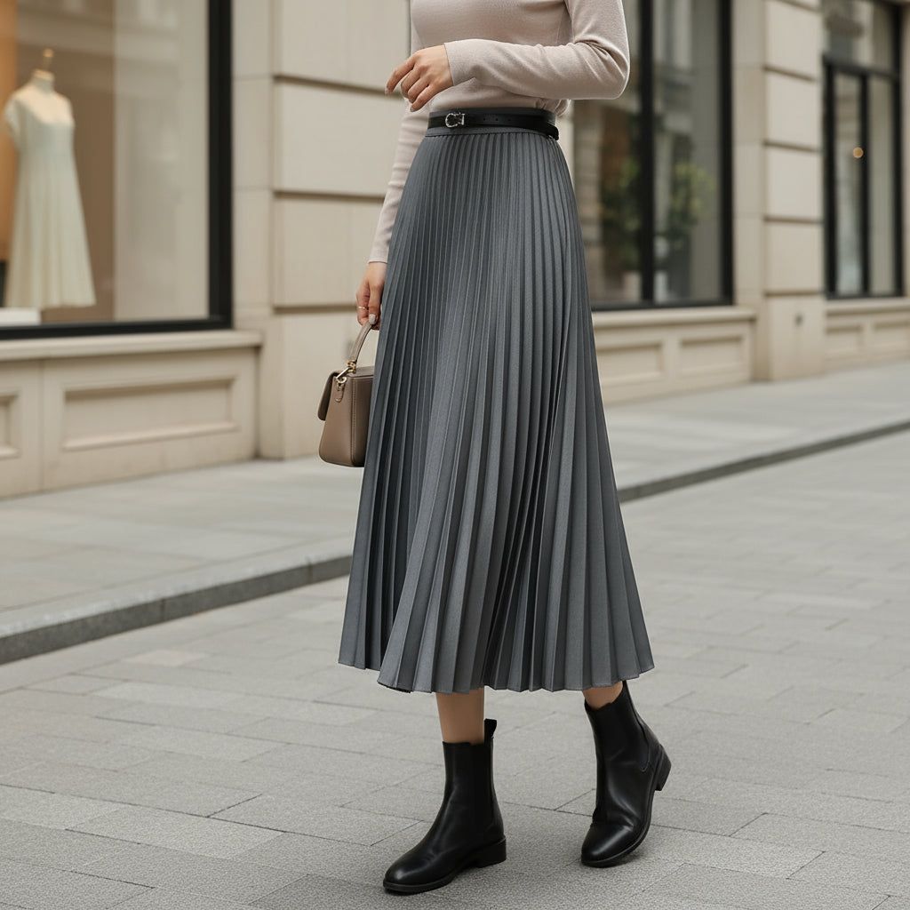 Women's Pleated A-Line Midi Skirt | Comfortable Elastic Waist