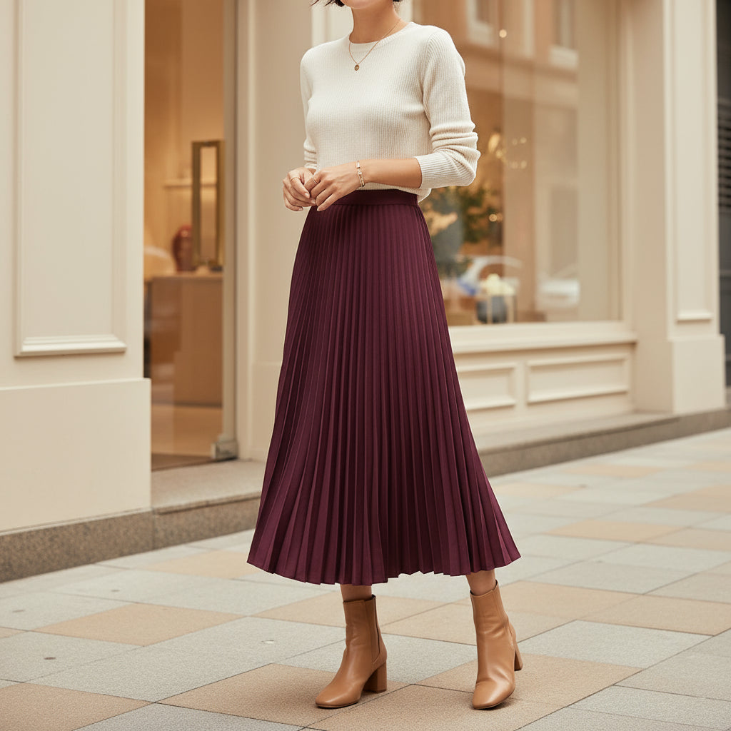 Women's Pleated A-Line Midi Skirt | Comfortable Elastic Waist